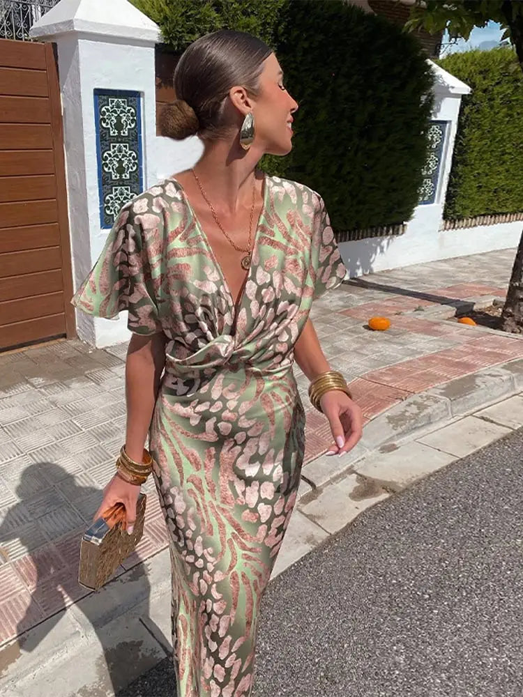 Ieva – Sukienka maxi z Krótkim Rękawem