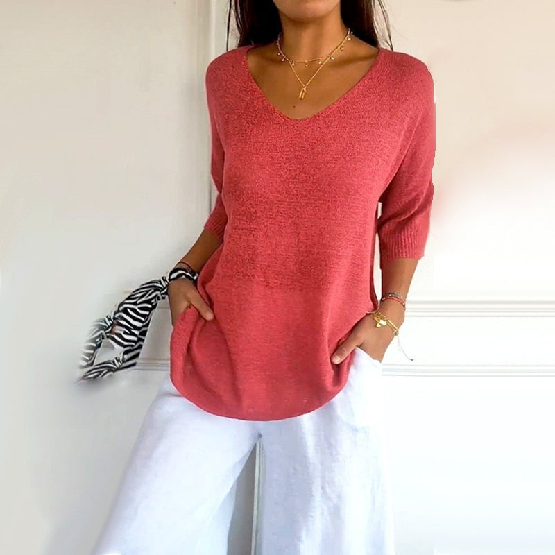 Anjela – Swobodna Dzianinowa Koszula z Dekoltem w Szpic