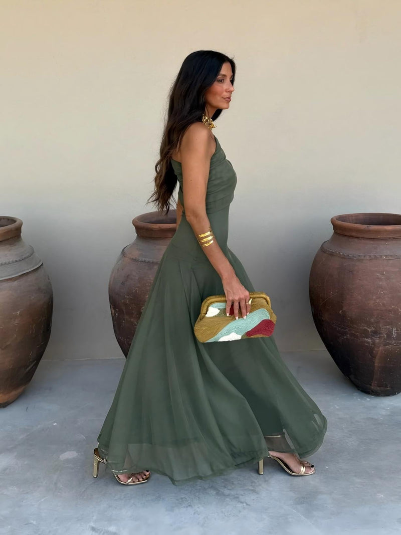 Dainia – Długa Sukienka z Siateczki z Jednym Ramiączkiem