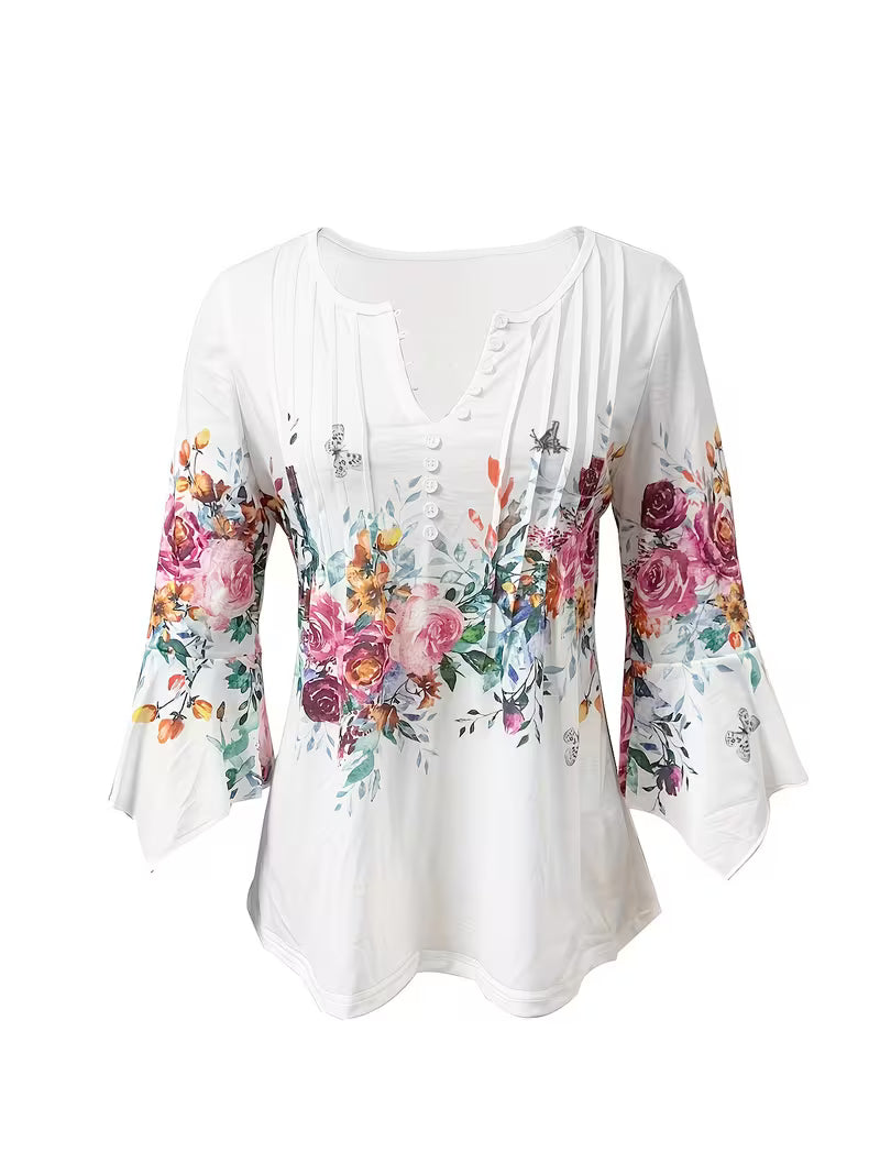 Judita – Bluzka z Kwiatowym Nadrukiem i Wycięciem Przy Dekolcie