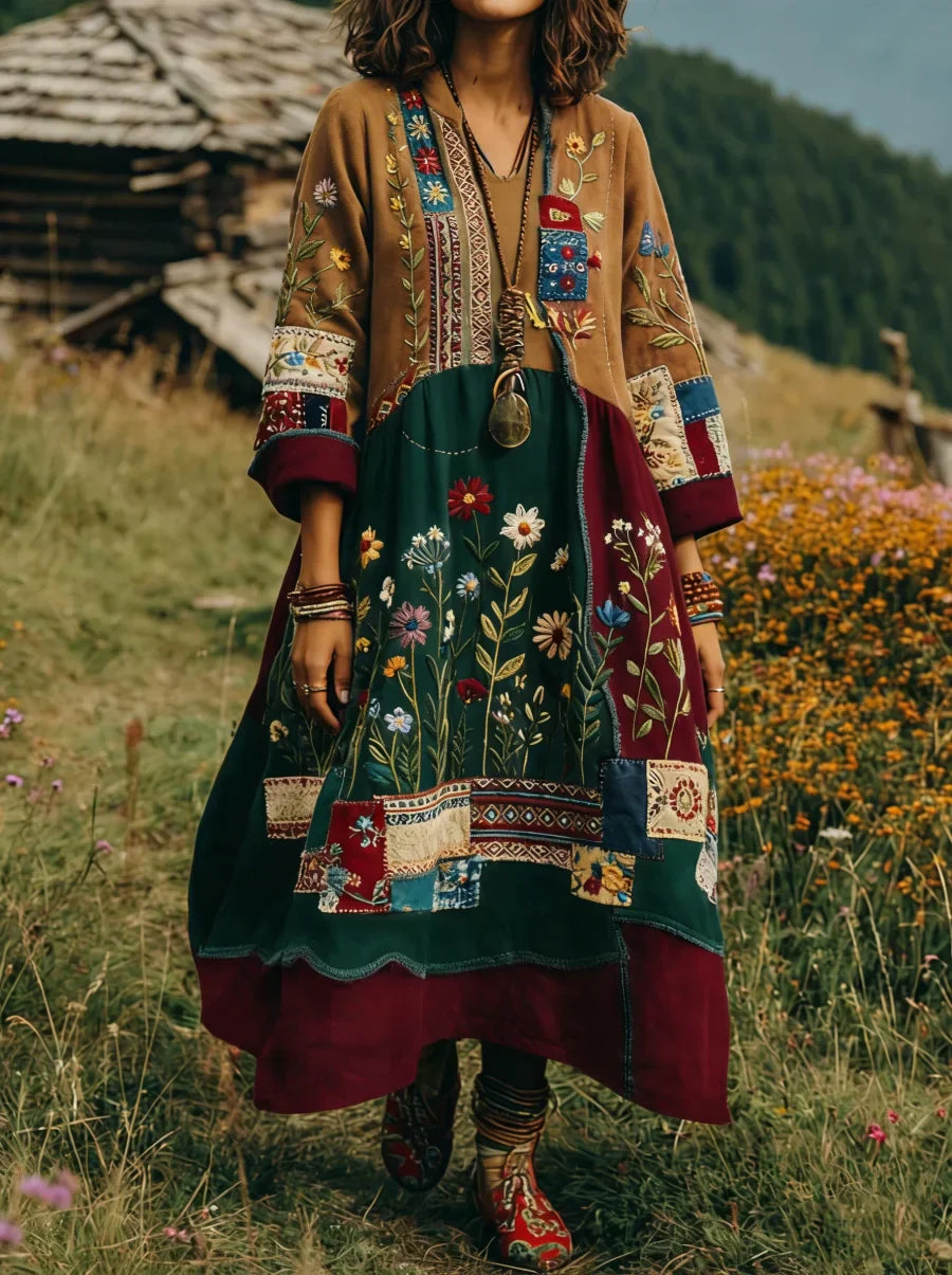 Eresha - Swobodna Sukienka z Długim Rękawem w Kwiatowy Wzór