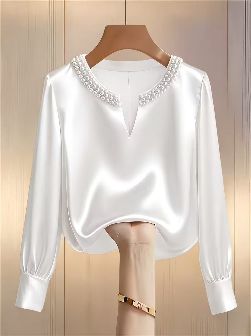 Avinaya - Elegancka Koszula z Długim Rękawem i Okrągłym Dekoltem z Perłą