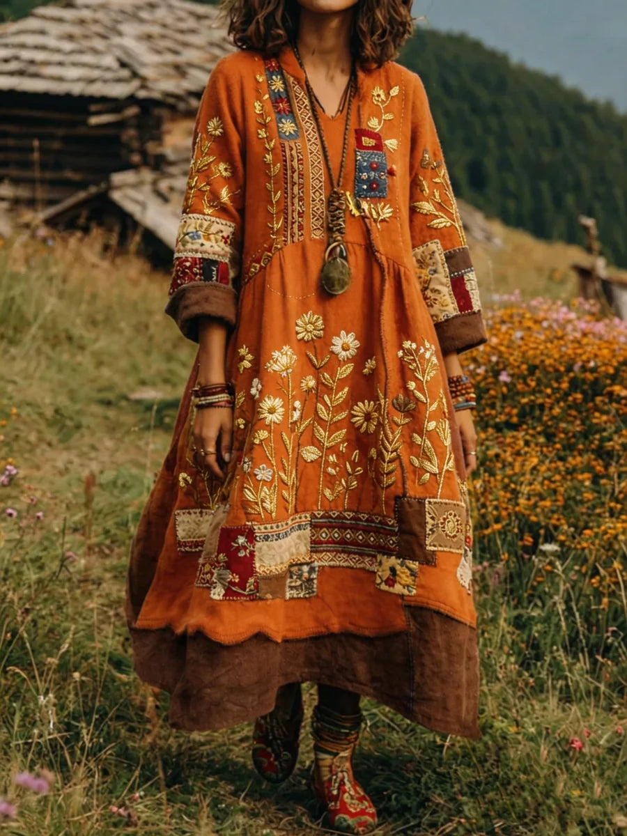 Eresha - Swobodna Sukienka z Długim Rękawem w Kwiatowy Wzór