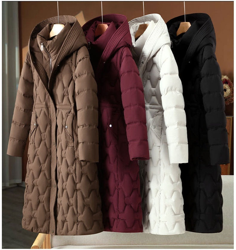 Branimira – Długi Płaszcz Puchowy z Kapturem