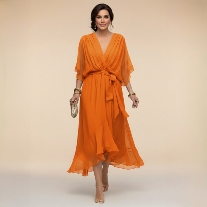 Harshani – Sukienka z Szyfonu z Dekoltem w Szpic