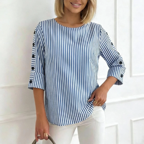 Cezarina – Bluzka w Paski z Guzikami Na Rękawach