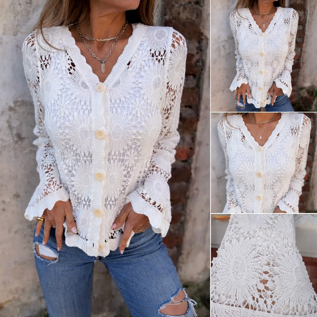 Imalka - Bluzka z Długim Rękawem i Koronkowym Dekoltem w Serek