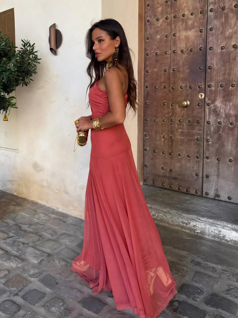 Dainia – Długa Sukienka z Siateczki z Jednym Ramiączkiem