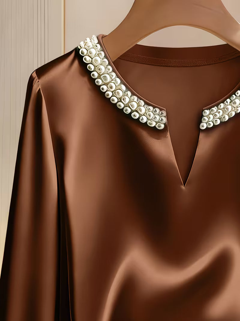 Avinaya - Elegancka Koszula z Długim Rękawem i Okrągłym Dekoltem z Perłą