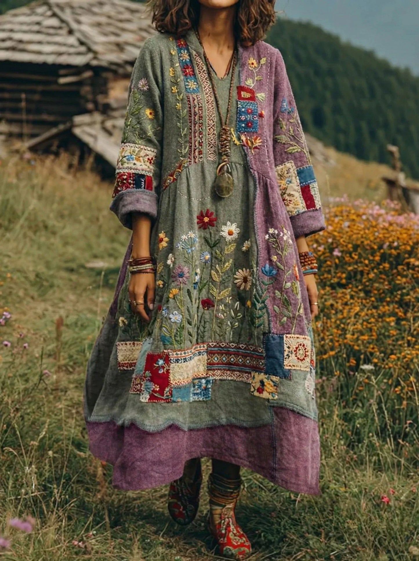 Eresha - Swobodna Sukienka z Długim Rękawem w Kwiatowy Wzór