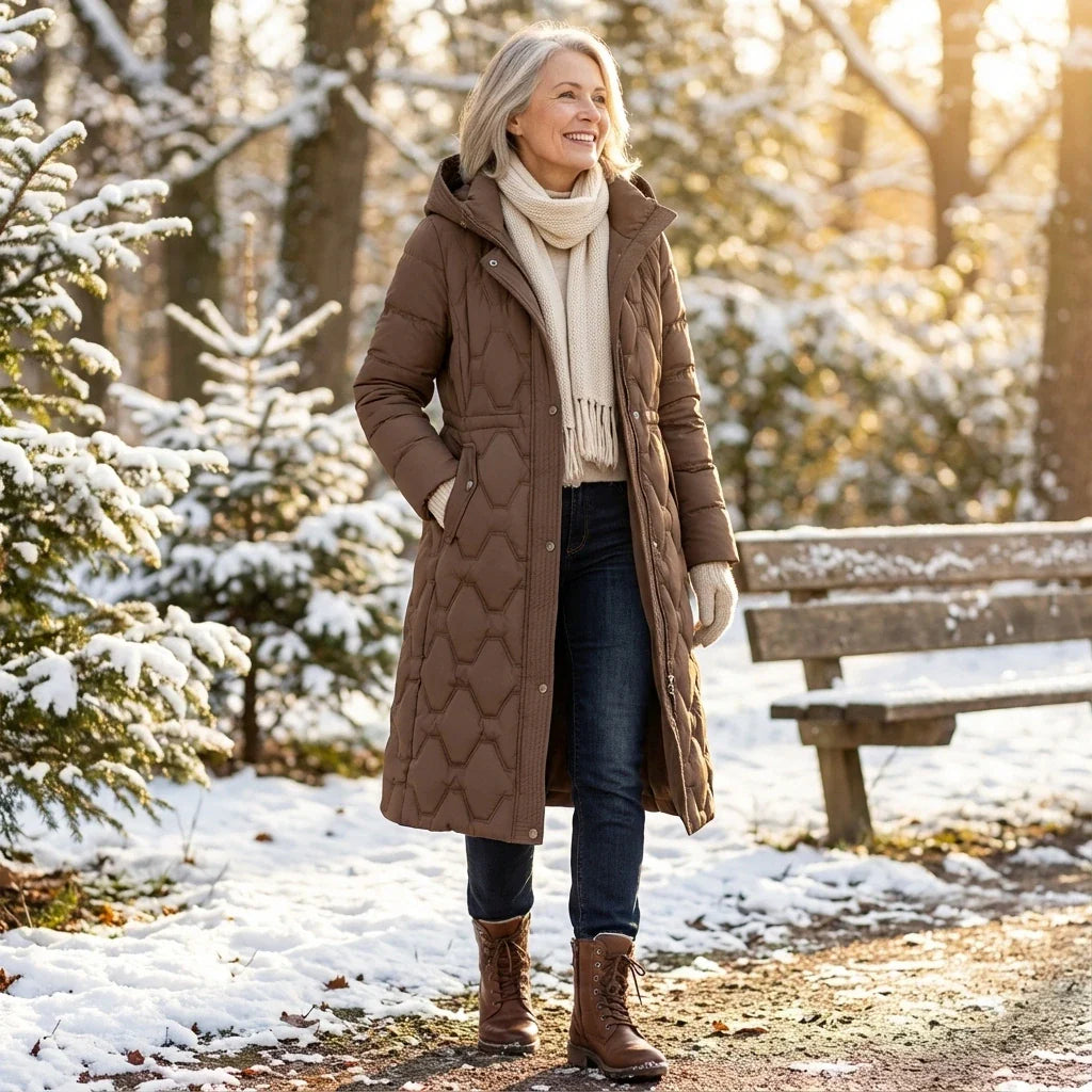 Branimira – Długi Płaszcz Puchowy z Kapturem