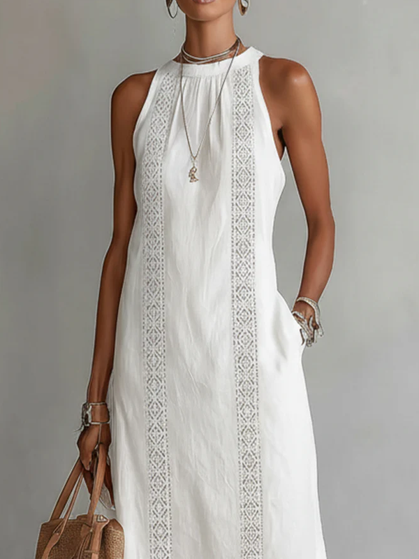 Devindi - Lniana Sukienka Midi z Kołnierzem Mandaryńskim