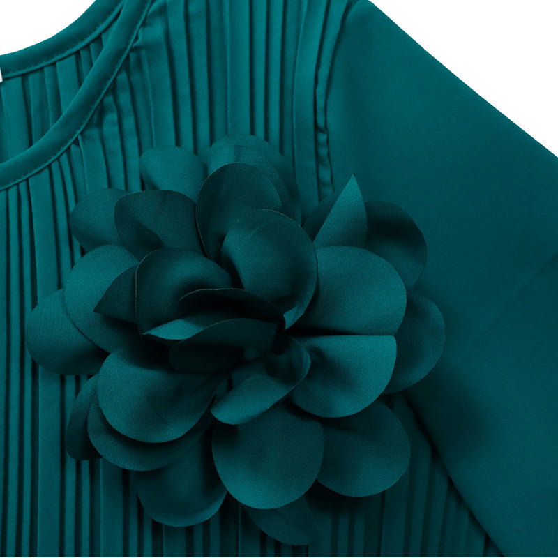 Ingeborga – Plisowana Sukienka Midi z Rękawami 3/4 i Paskiem