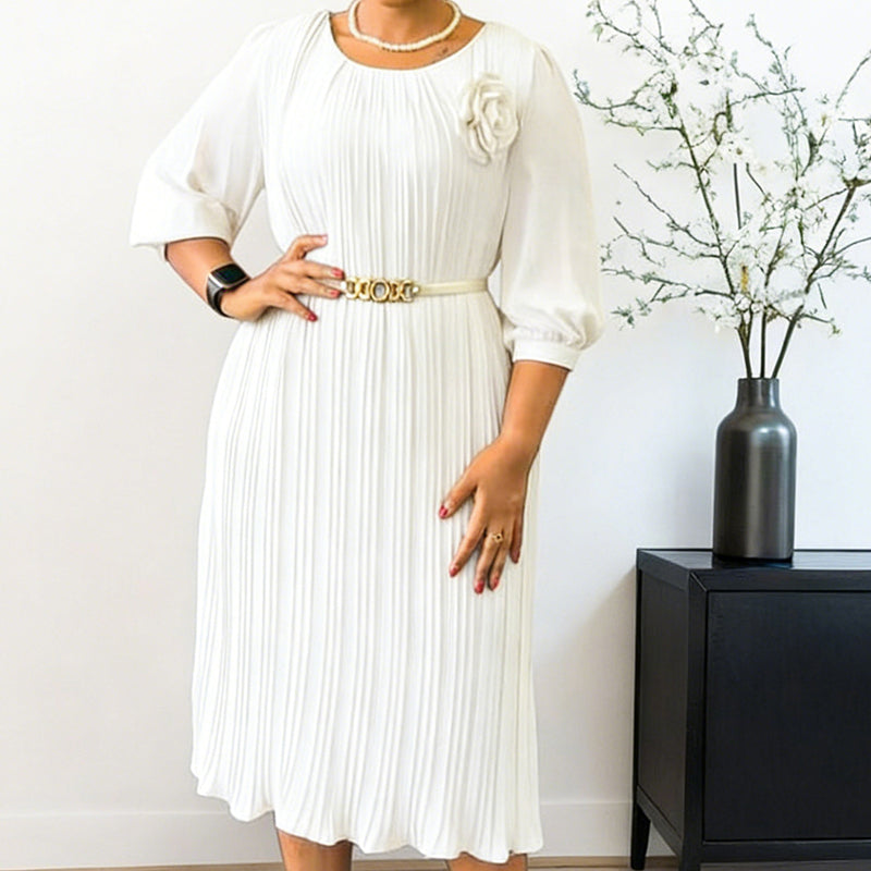 Ingeborga – Plisowana Sukienka Midi z Rękawami 3/4 i Paskiem