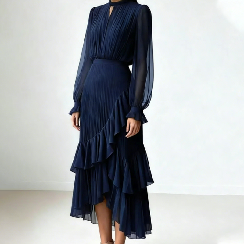 Daryna – Plisowana Sukienka Midi z Dekoltem w Kształcie Klucza